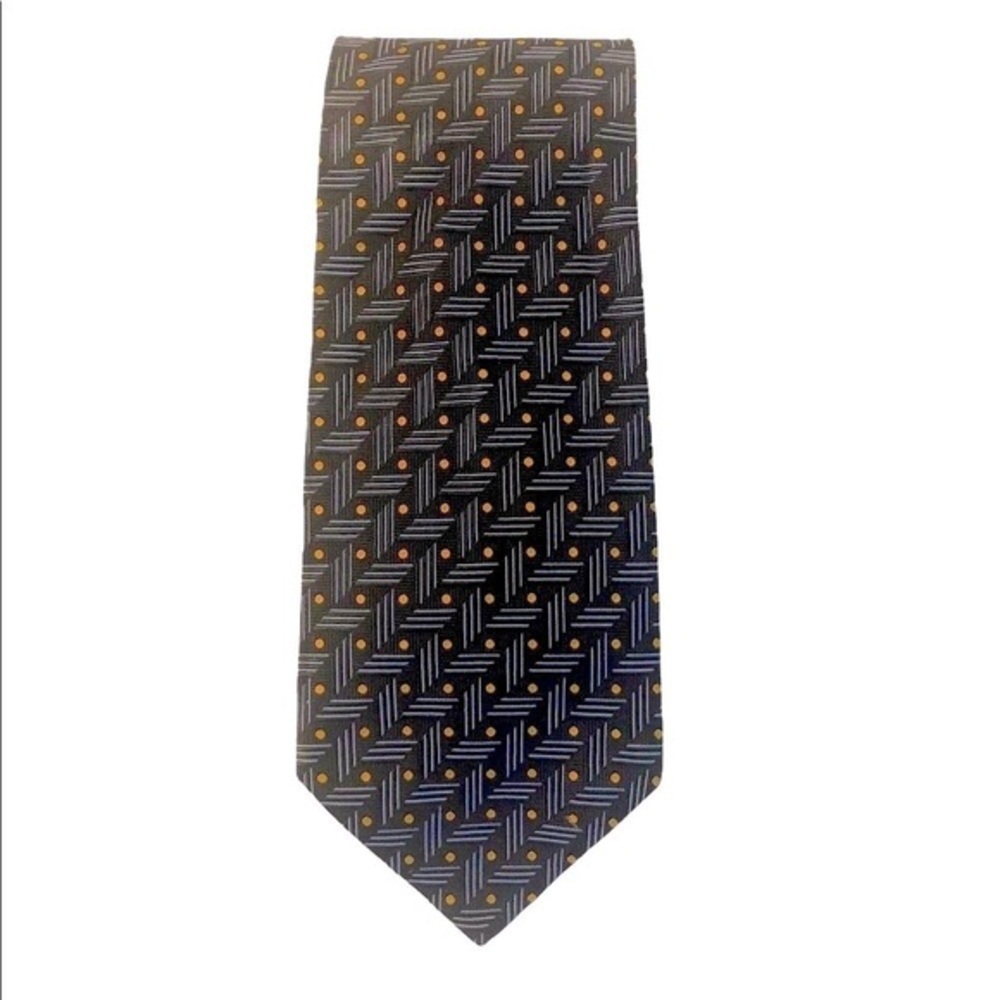 Charles Hill for Barneys NY blue & gold geometric pattern silk tie